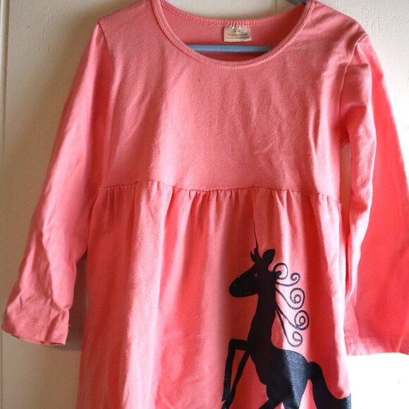 Girls Pink Navy Blue Sparkle Unicorn Long Sleeve Ruffle Dress Top XXL 5-6 - Picture 1 of 4